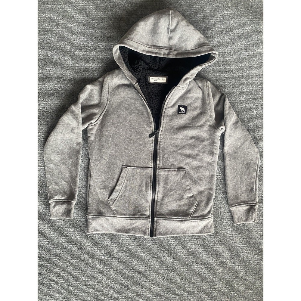 Abercrombie Kids Boys Gray Full Zip Sherpa Lined Hoodie Pockets 13-14Y